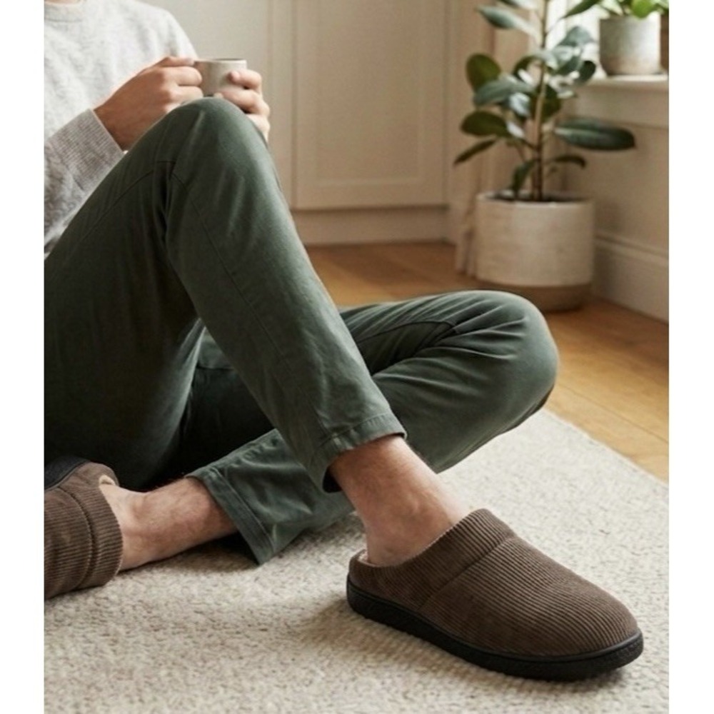 ISOTONER Brown Corduroy Slippers Memory Foam Eco Comfort Men sz  L 9.5-10.5 NIB